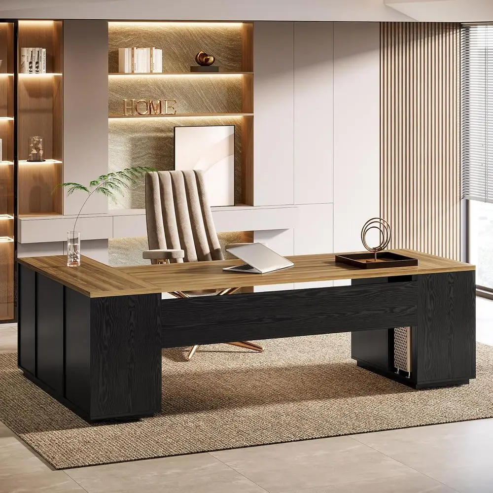 

Extra Large L-Shaped Office Desk with File Drawers and Storage, Adjustable Shelves, Brown & Black Executive Workstation