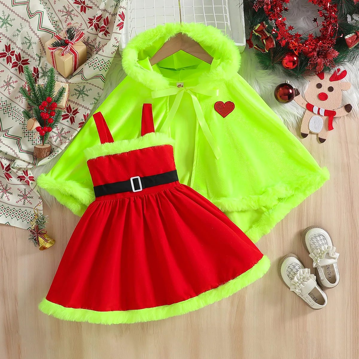 

Рождественские костюмы для девочек, детские плащи Санта-Клауса и монстра, зеленые плащи, платья, одежда для рождественской вечеринки, милое платье с изображением лося и оленя