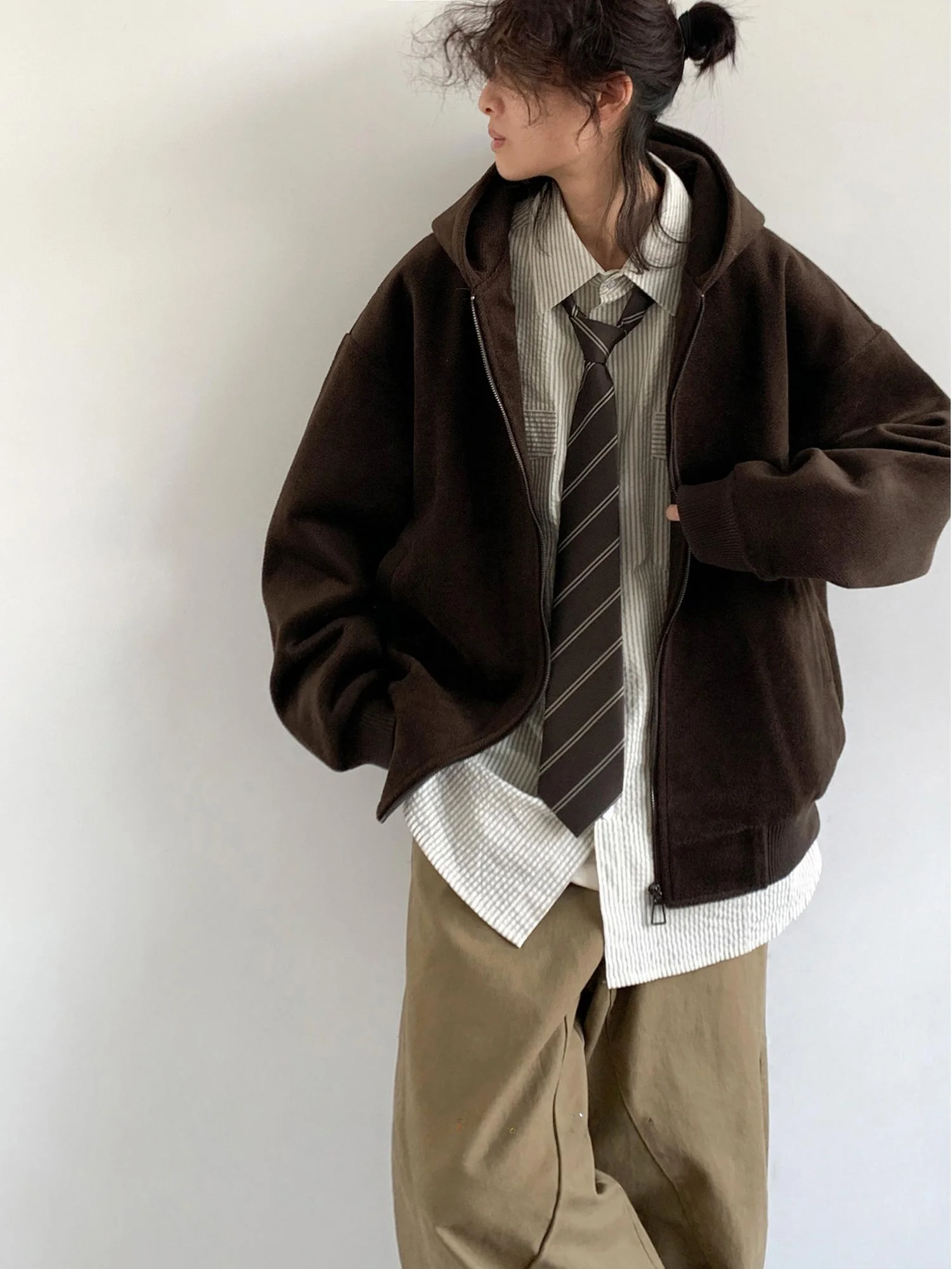 

Мужское шерстяное пальто в японском ретро-стиле с капюшоном, осенне-зимнее, свободное, повседневное, на молнии, кардиган-куртка, молодежный модный тренд