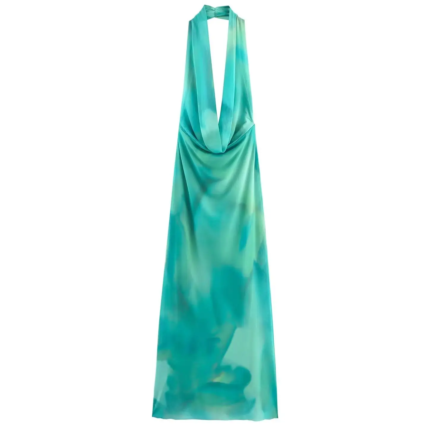 

KONDALA Chic Print Green Sexy Backless Tie Dye Woman Dresses Fashion 2025 Halter V-Neck Holiday Dress Beach Sheath Y2K Vestidos