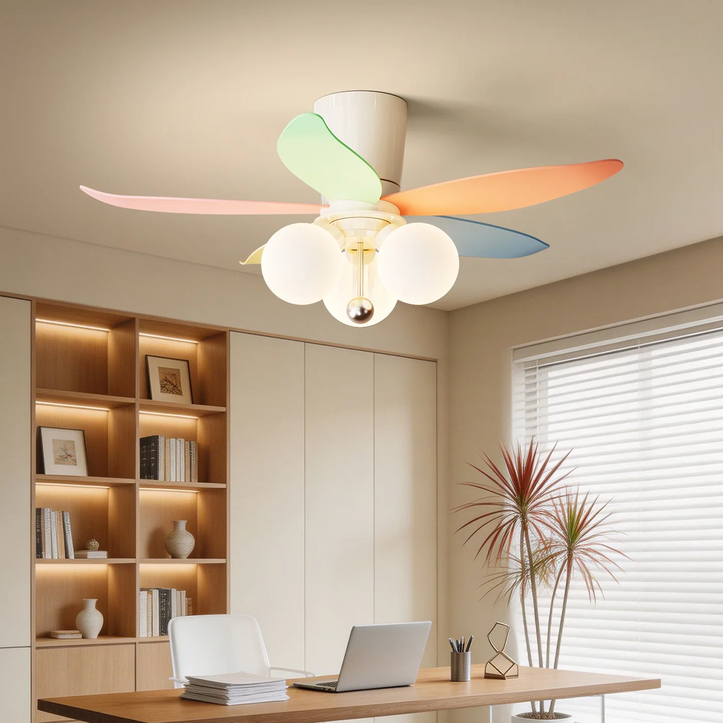 Dopamine Color Fan Light, Vintage Cream Style, Eye-Protective for Kids Room, Bedroom, Study, Direct Blade Ceiling Fan