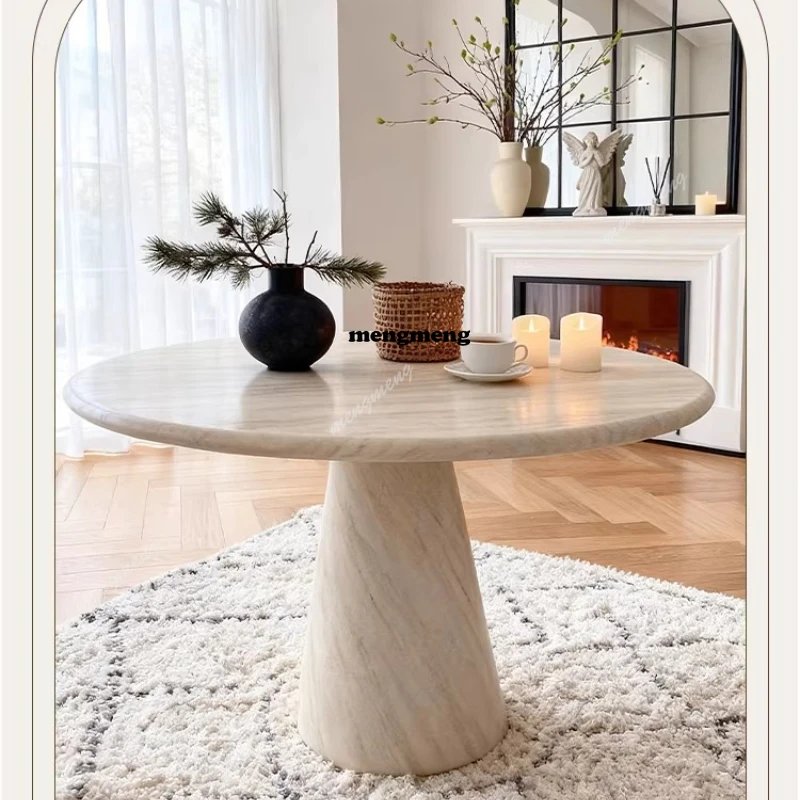 

Французский обеденный стол из травертина в дизайнерском ретро-стиле ваби-саби, круглый, для небольшой квартиры