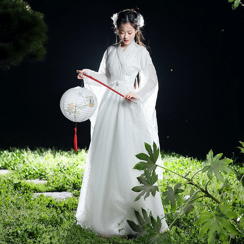 

Elegant White Hanfu Dress Folk Dance Costume Chinese Traditional National Fairy Costume Ancient Han Dynasty Princess Stage