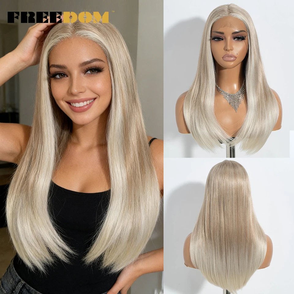 

FREEDOM Synthetic Lace Front Wigs For Women 22 Inch Straight Bob Wig T Part Ombre Brown Blonde Glueless Cosplay Lace Wig