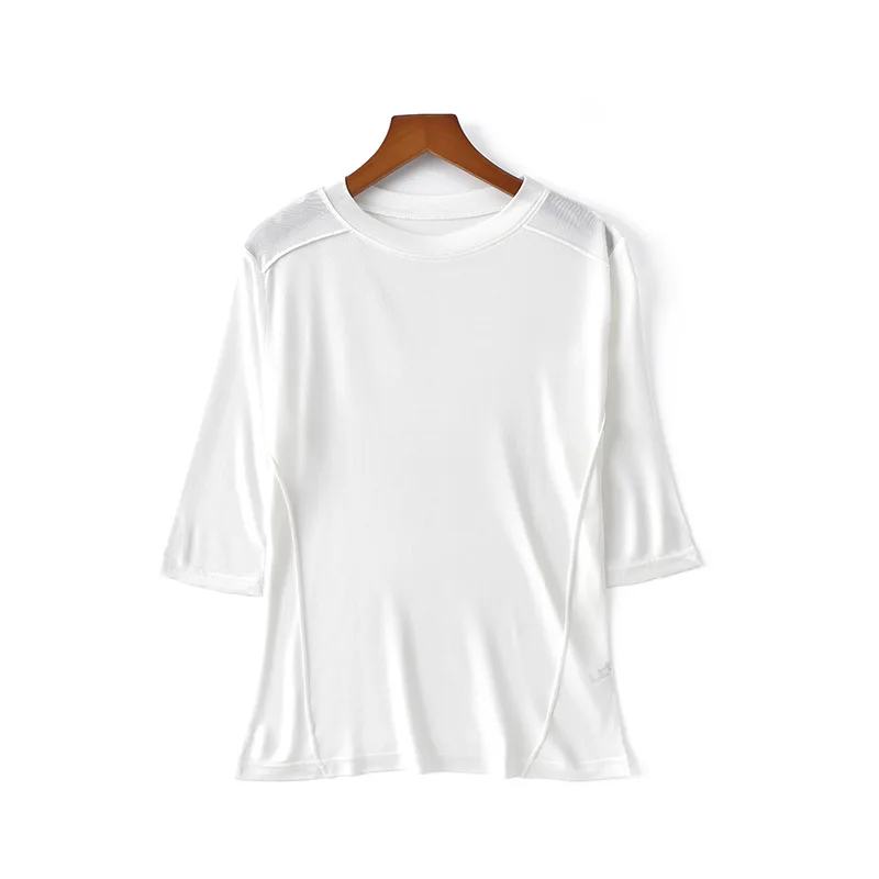 BirdTree, Natural Silk Elegant Knit T-shirt, Women's Half Sleeve Solid, Simple Basic Casual Cool Top, 2024 Summer New T448154QM