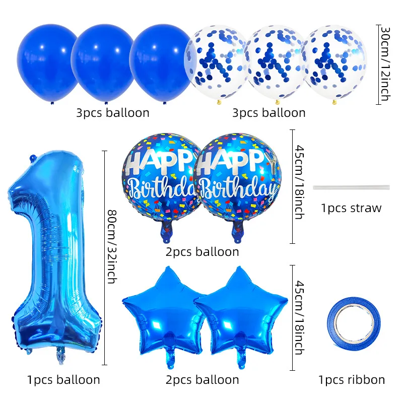 32-Inch blue digital aluminum film balloon set, first birthday party decoration atmosphere arrangement