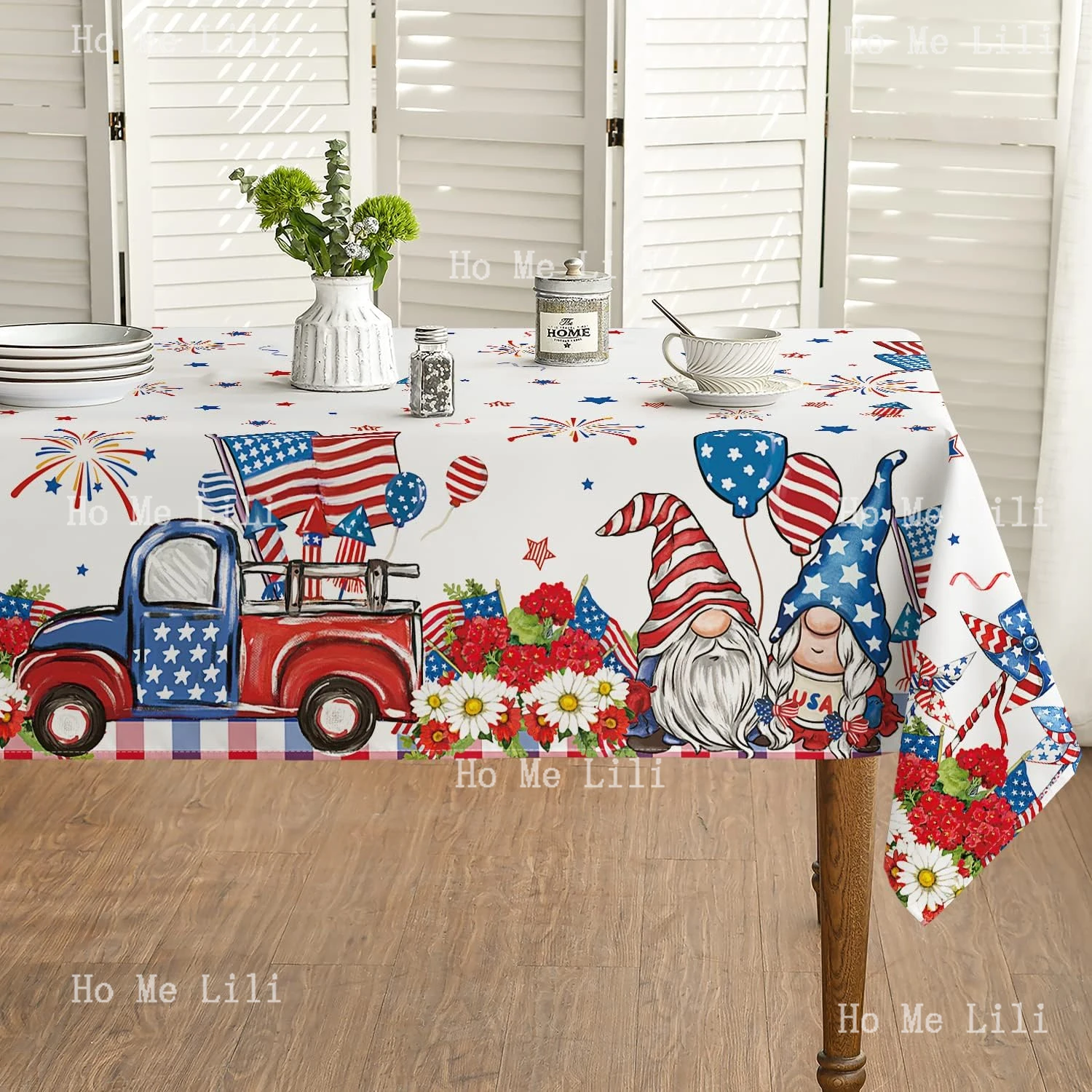 4th Of July Tablecloth Patriotic Truck Watercolor Flag Independence Day Memorial Day Table Cover For Party Picnic Dinner Decor