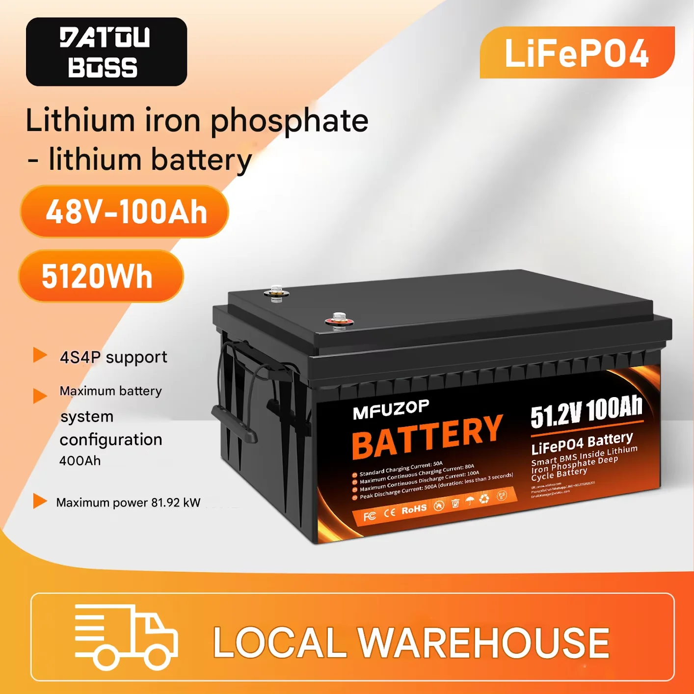 

DATOUBOSS 48V LiFePO4 battery 100Ah 5120W Deep cycle Built-in battery management system (BMS)Suitable for solar systems