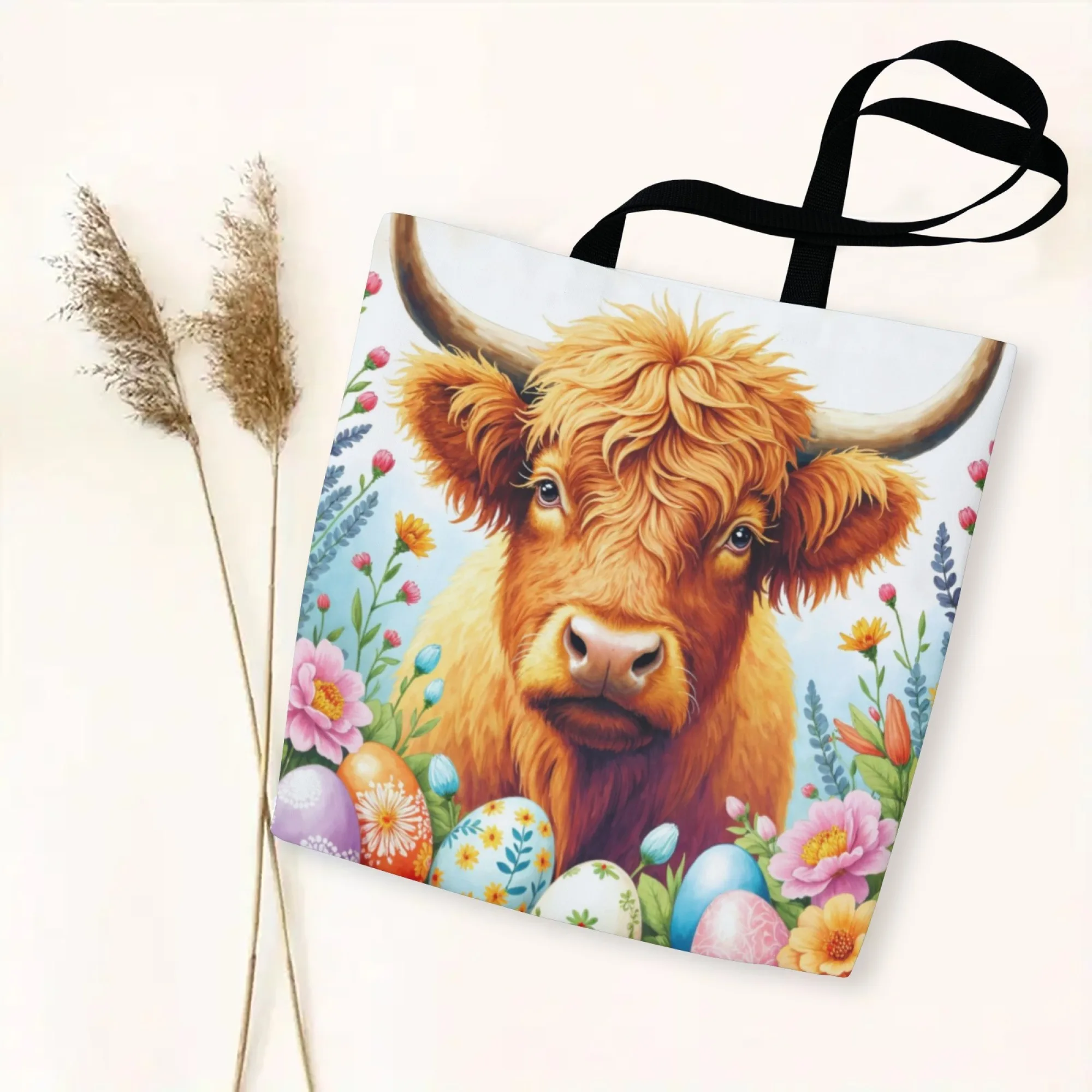 

1 Pc Highland Cow & Floral Print Tote Bag Reusable Shopping Shoulder Bag Portable Travel Sports Handbag for Beach School Outing