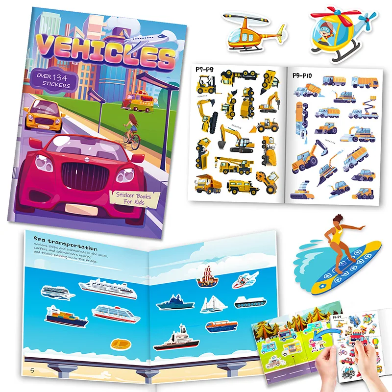 Cartoon Transportation Vehicles Sticker Books Kids DIY Handmade Stickers Quiet Book Focus Training Learning Cognition Toy Book