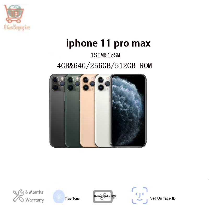 Original Apple 11 pro max 64/256/512GB ROM Unlocked Smartphone With Face ID A13 Bionic chip 6.5 inch OLED Screen 12MP Camera NFC