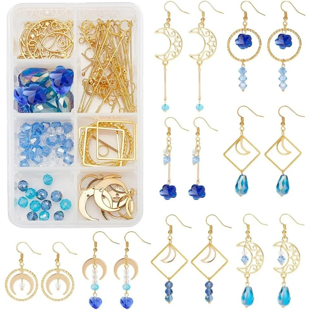 1 Box DIY 8 Pairs Blue Moon Earrings Making Starter Kit Including Moon Geometric Linking Connector Charms Teardrop Flower Beads