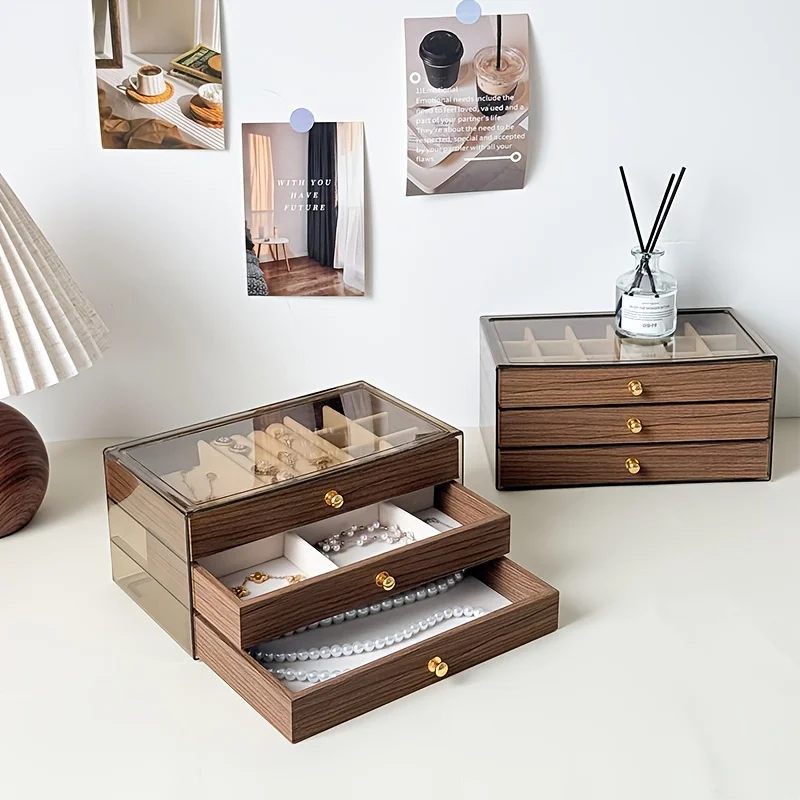 

Vintage Jewelry Box with 3-Tier Wooden Drawers & Velvet-Lined Compartments - Large Capacity Multi-Functional Acrylic Storage