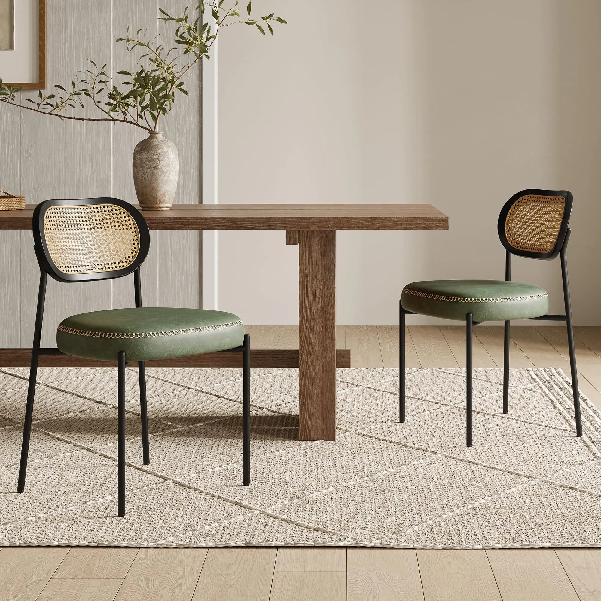 Rattan Dining Chairs Set of 2, Green Leather Upholstered Dining Chairs with Rattan Cane Back, Mid Century Modern Dining