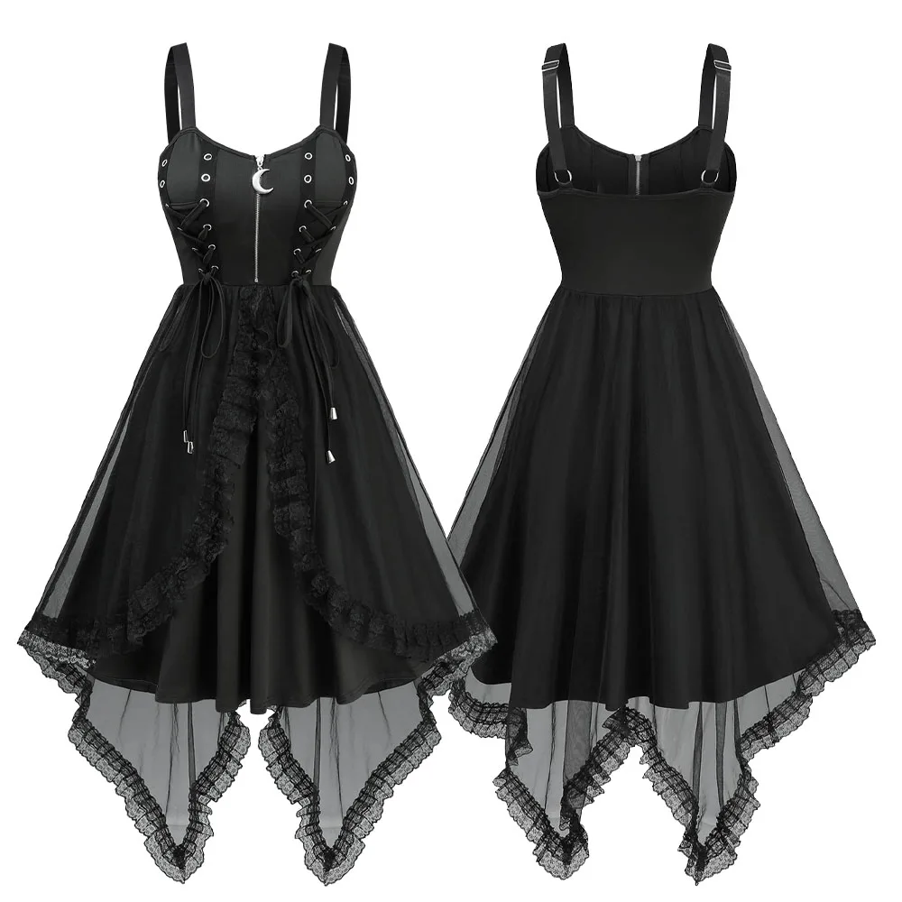 New Black Dresses Womens Spring Summer Lace-up Grommets Moon Zipper Floral Lace Trim Asymmetrical Hem Tank Dress Casual Vestidos