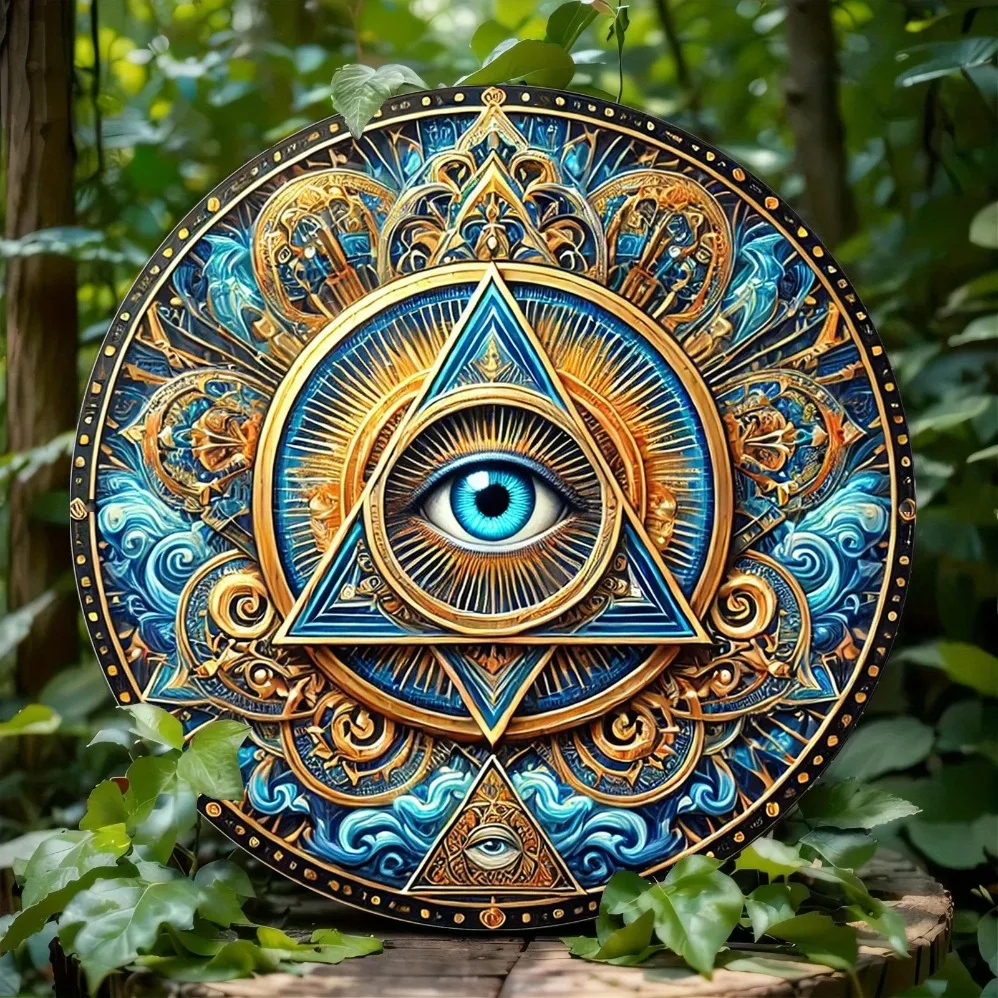 جدارية عين بروفيدنس الغامضة - فن جداري دائري من الألومنيوم مع قطعة مركزية لإكليل مزخرفة