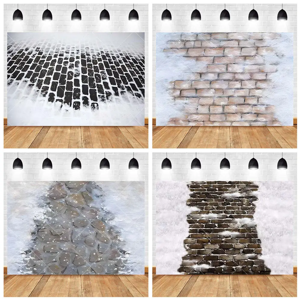 

Winter Snow Stone Floor Photography Backdrop Custom Christmas Snow Brick Texture Rock for Adult Kid Baby Family Photo Photobooth