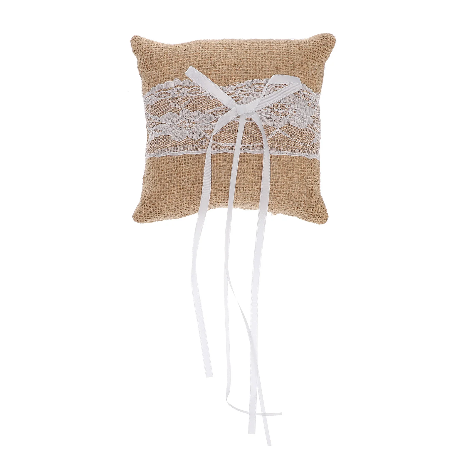 

15x15cm Lace Wedding Ring Pillow Burlap Jute Pearl Flower Decor Compact Design with Ribbon Strap for Bridal Ceremony Ring Bearer