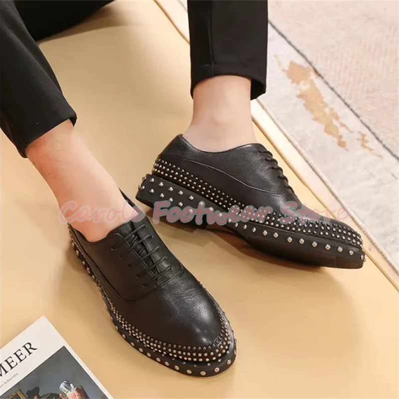 Punk Rivet Platform Chunky Heel Lace-Up Oxfords for Men Handmade Genuine Leather Business Formal Dress Shoes Male Derby Shoes - view 5