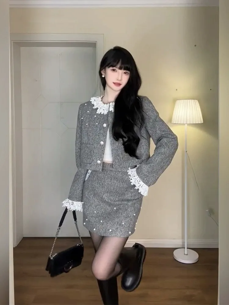 Fall Winter Grey Women 2 Piece Dress Sets Celebrity Lady Lace Patchwork O Neck Short Jacket Coat&Mini Skirt Small Girl 2pc Suits