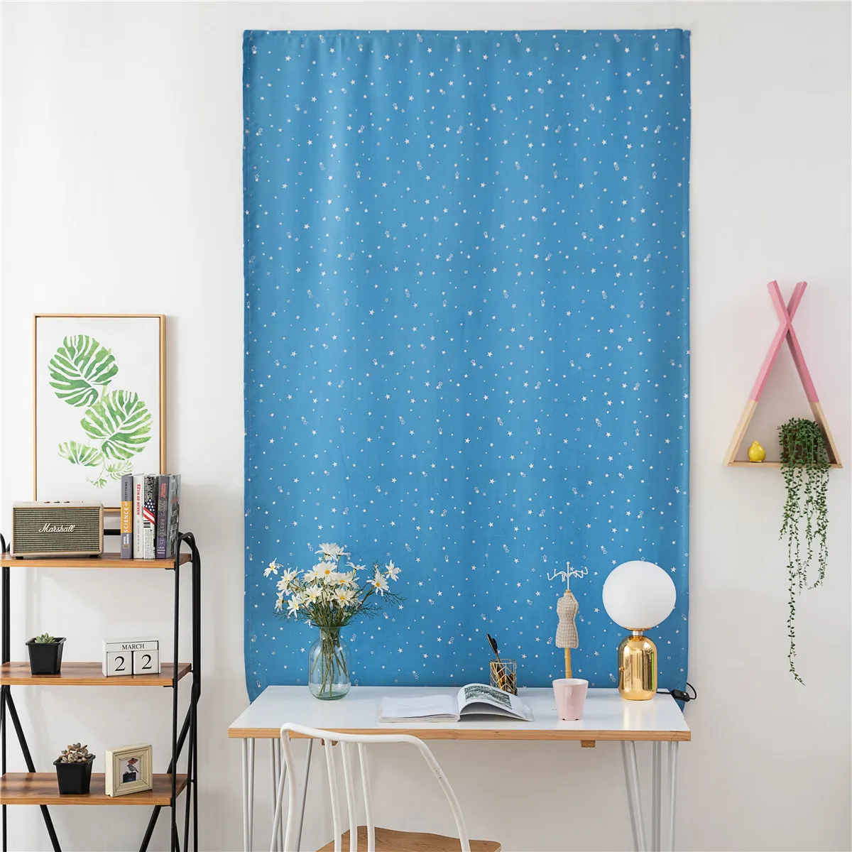 

1Pcs Blackout Curtain Silver Star Decoration Punch Free Tape Fixing Window Curtain Drape Home Bedroom Kids Room 90x180cm Sky