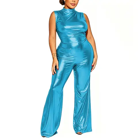 Plus Size Nightclub Wear Jumpsuit Shiny Metallic Sleeveless Women Elegant Jumpsuit Sexy Mock Neck Rompers Wide Leg Long Pants