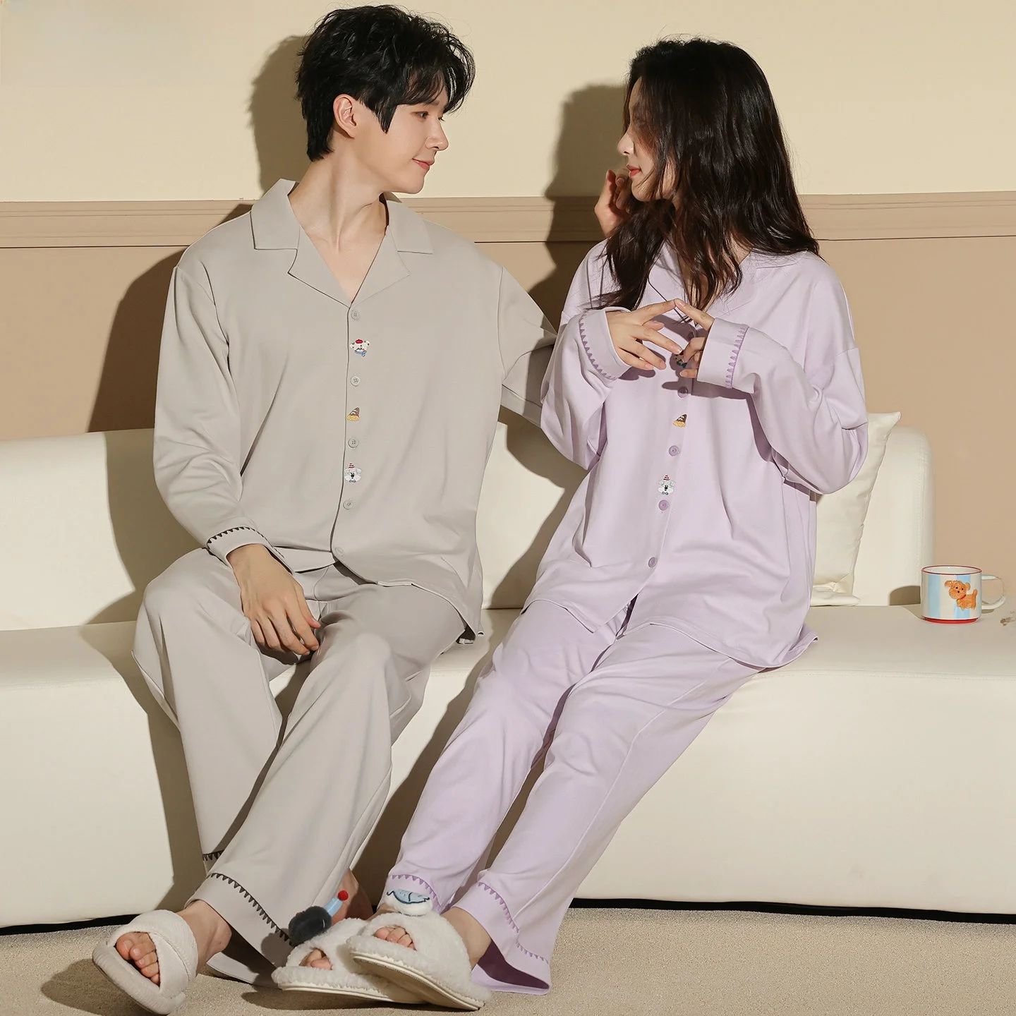 fenteng-care-pure-cotton-long-sleeve-open-cardigan-nightgown-couple-home-clothes-set-autumn-women-can-wear-outdoors-soft-cott
