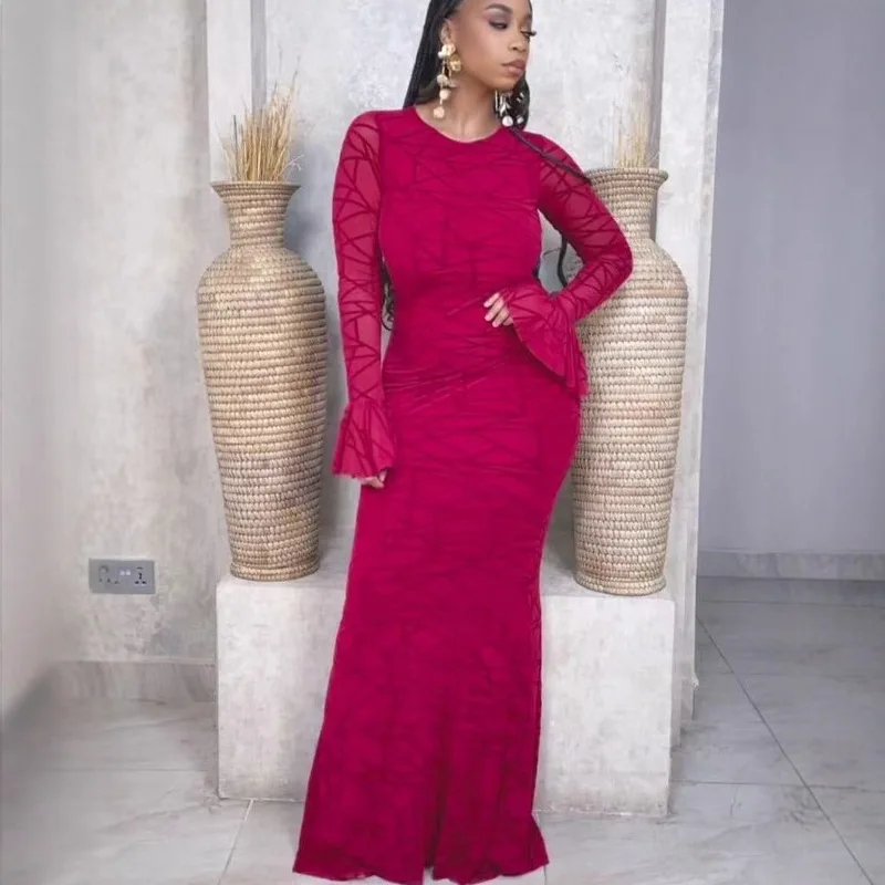 

Elegant Ruffle Long Dress Women Sexy Backless Hip-hugging Dress Retro Flared Sleeve Evening Party Dresses Winter Slim Maxi Dress