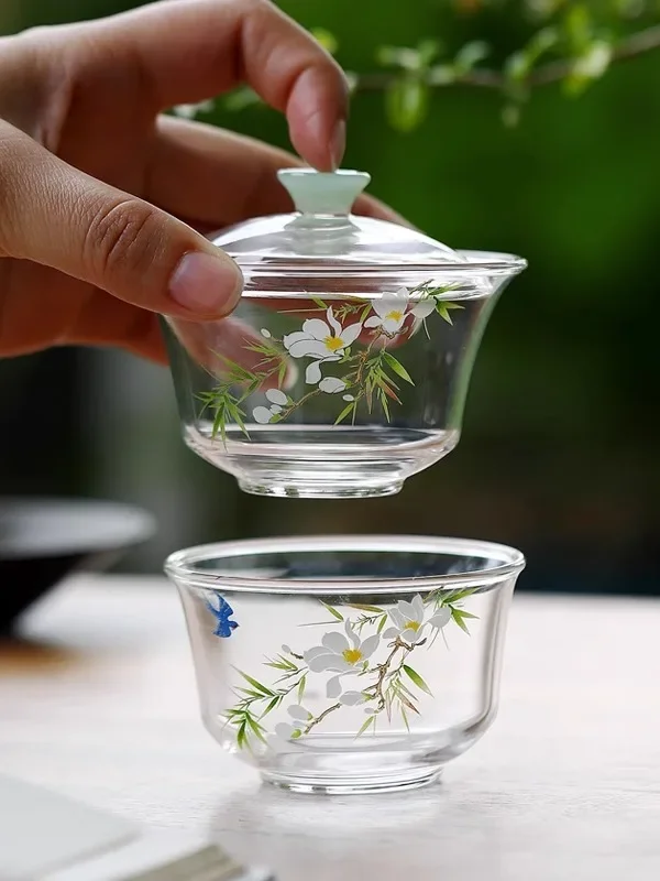 Portable Travel Glass Cover Bowl Tea Cup High Temperature Resistant Green Tea Brewing Bowl Elegant Dual Cover Bowl