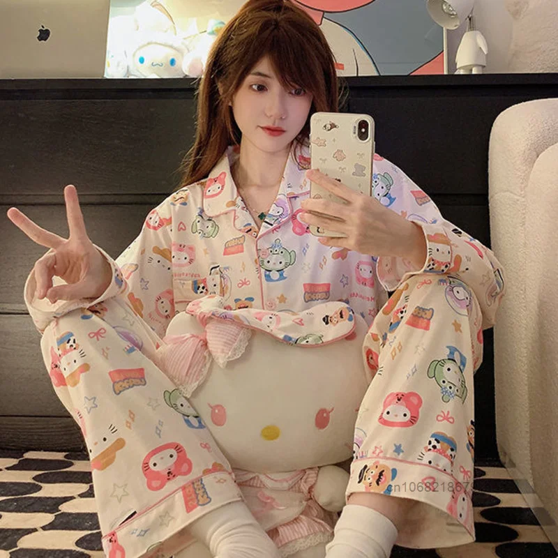 Sanrio Hello Kitty Full Printed Cute Cartoon Sleepwear Japanese Style Loose Casual Home Suit Set Women\'s New Long Sleeve Pajamas