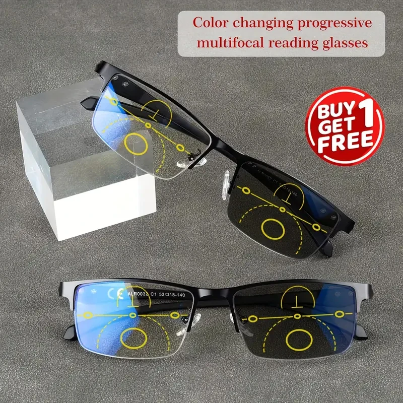 2 Stück intelligente, farbwechselnde progressive multifokale Lesebrille, halbrandloser TR-Rahmen, photochrome Acrylgläser, Brille