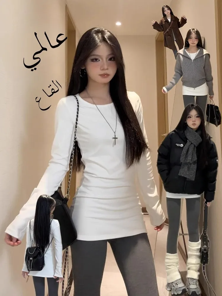 White Long Sleeve T-Shirt Women's Slim Fit Base Shirt Inner Wear Spring Autumn Winter Outerwear Hot Girl Top Poem Memory Lady