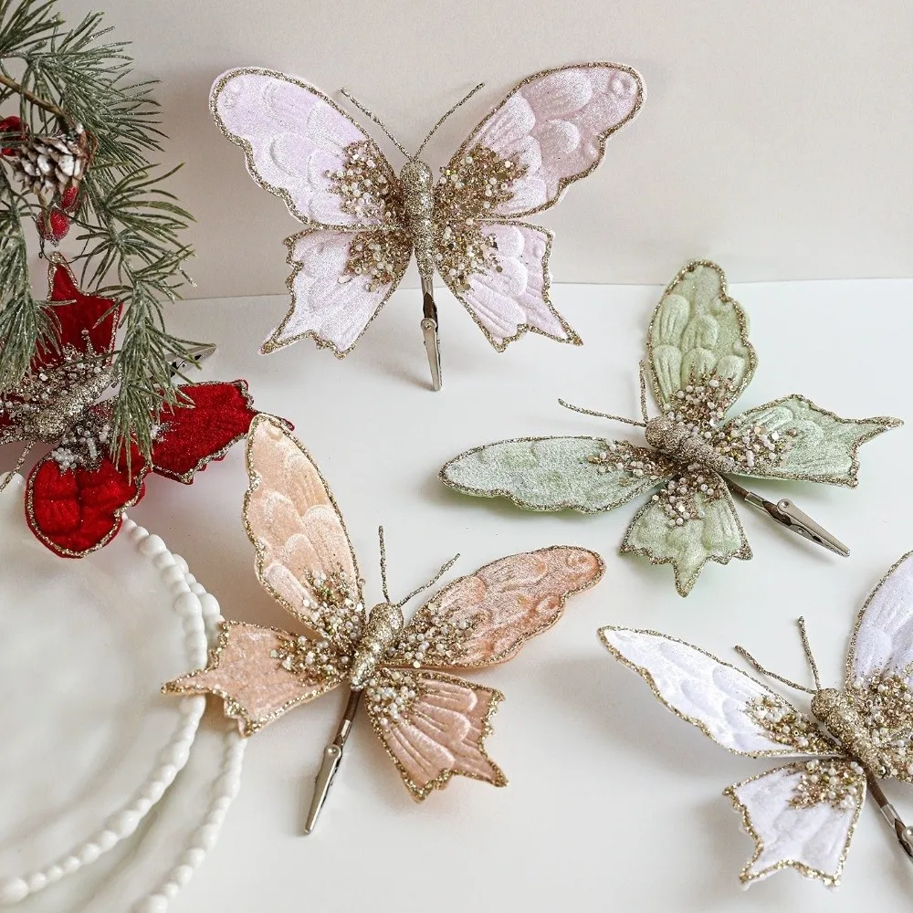 

New Glitter Christmas Flower Sequins Exquisite Artificial Clip Flocking Simulated Pendants Christmas Tree