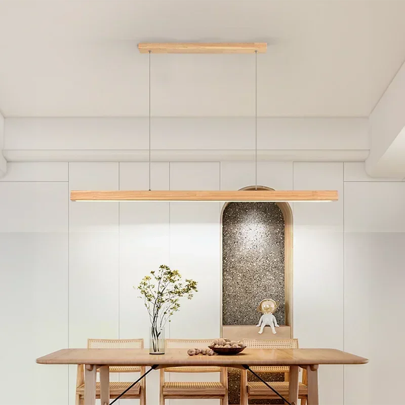 Modern LED Pendant Light, Wood Long Strip, Candeeiro de mesa de jantar, Suspensão Lustre para sala de estar, Iluminação de cozinha