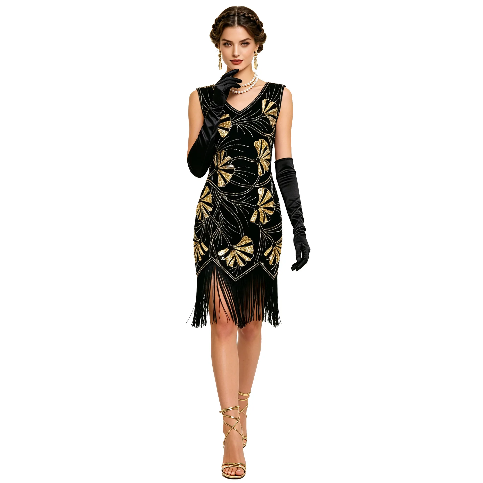 S4XL Cross-Border 1920 Retro Evening Gown Sleeveless Sparkling Bead Embellished Dress for Night Club And Stage Performances