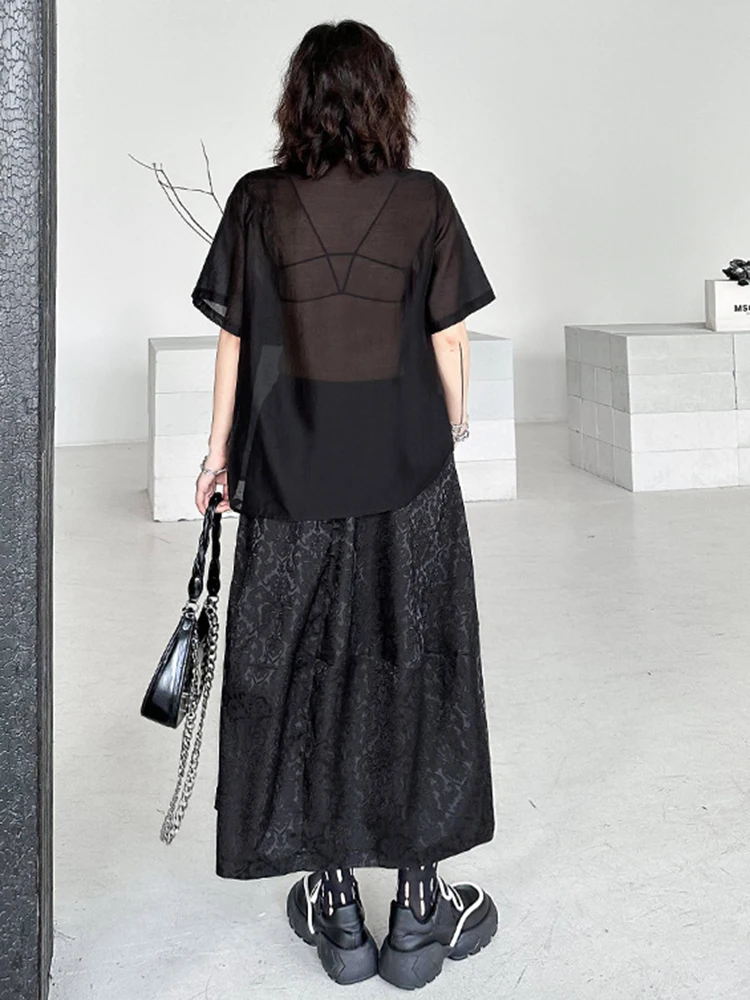 [EAM] Black Shirt Big Size Half-body Skirt Two Pieces Suit New Lapel Short Sleeve Women Fashion Tide Spring Summer 2025 1DH5405