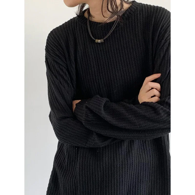 Textured Crewneck Sweatshirt Men Women Japanese Solid Color Casual Pullover Autumn Versatile Loose Base Layers Couple Unisex New