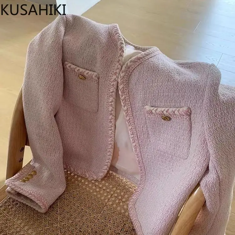 KUSAHIKI Pink Elegant Weave Tweed Coat Autumn Women\'s 2023 Fashion Sweet Korean Style Short Top Cardigan Jackets