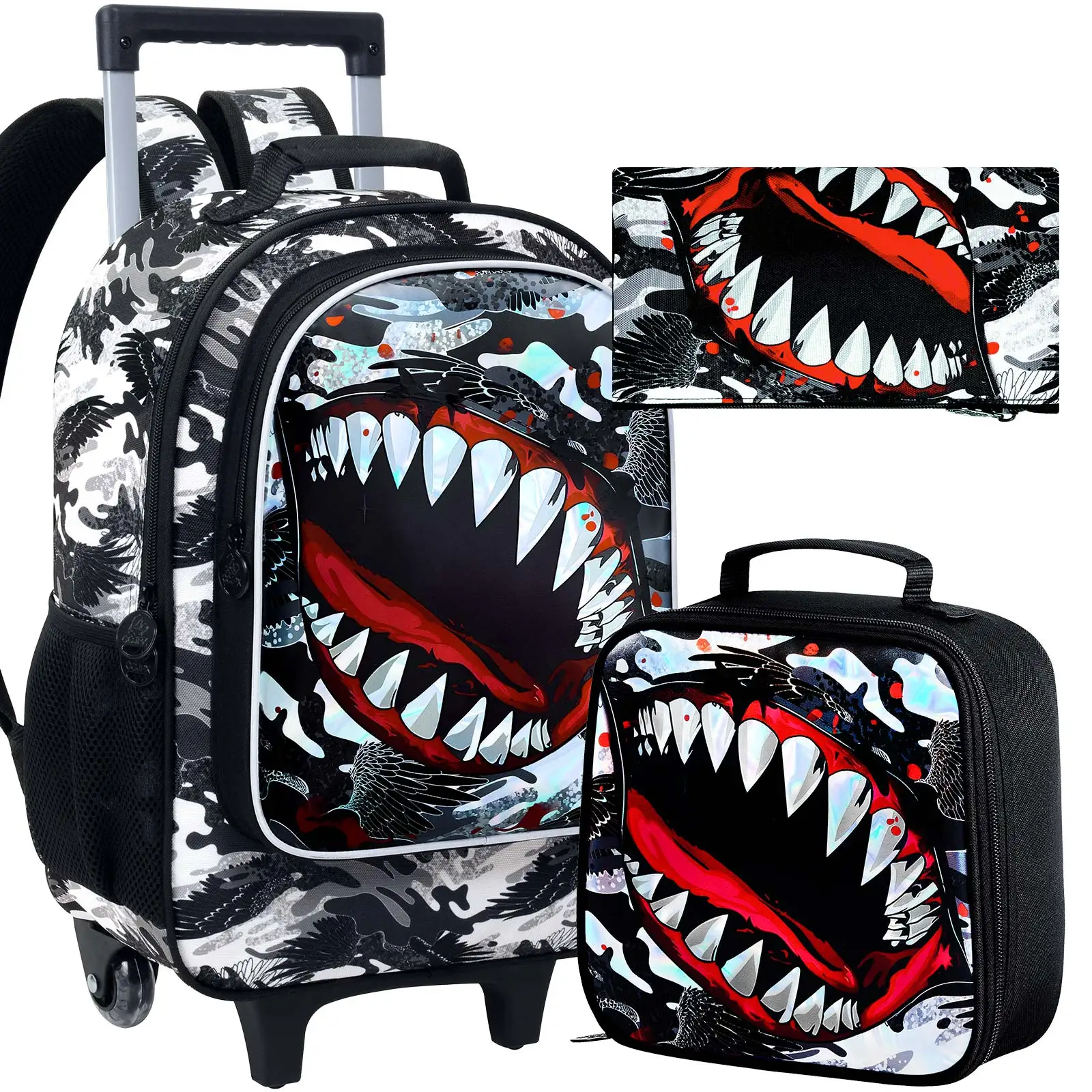 

18" Shark Rolling Backpack for Boys, 3Pcs Kids School Backpacks with Wheels, Roller Bookbag with Lunch Box for Preschool Toddler