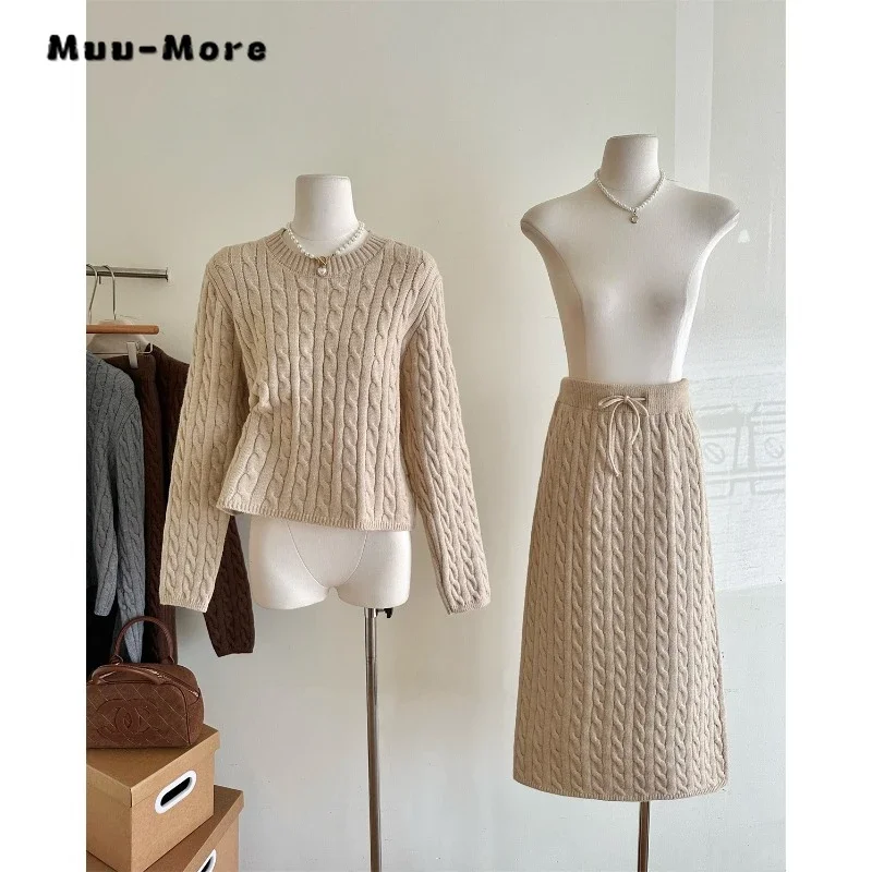 2023 Winter Elegant Sexy Solid Color 2 Piece Set Women Long Sleeve Sweater + A-line Skirt Office Lady Two Piece Skirt Set