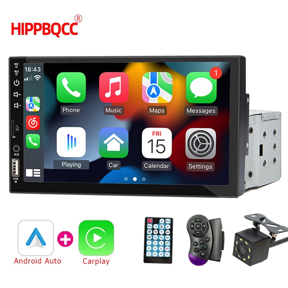 HIPPBQCC 7 Inch Car Radio Carplay Android Auto Multimedia Bluetooth Player Mirror-Link 1 Din HD Touch Screen USB FM AUX Input