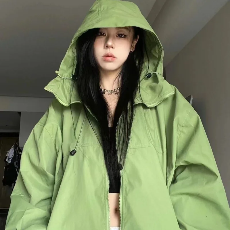 Y2K Green Windbreaker Jacket Women Oversized Hip Hop Black Top Waterproof Hooded Coat Harajuku Outerwear Coat Women Streetwear