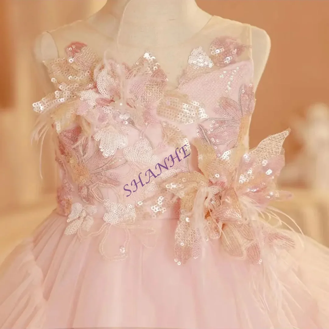

Luxury Blush Flower Girl Dress Feathers Arabic Princess Kids Wedding Birthday Party Ball Gown Holy Communion