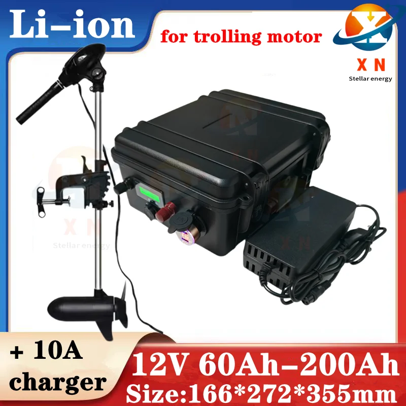 waterproof 12V 60Ah 80Ah 120Ah 150ah 180ah 200ah Lithium ion battery for trolling motor boat +10A Charger