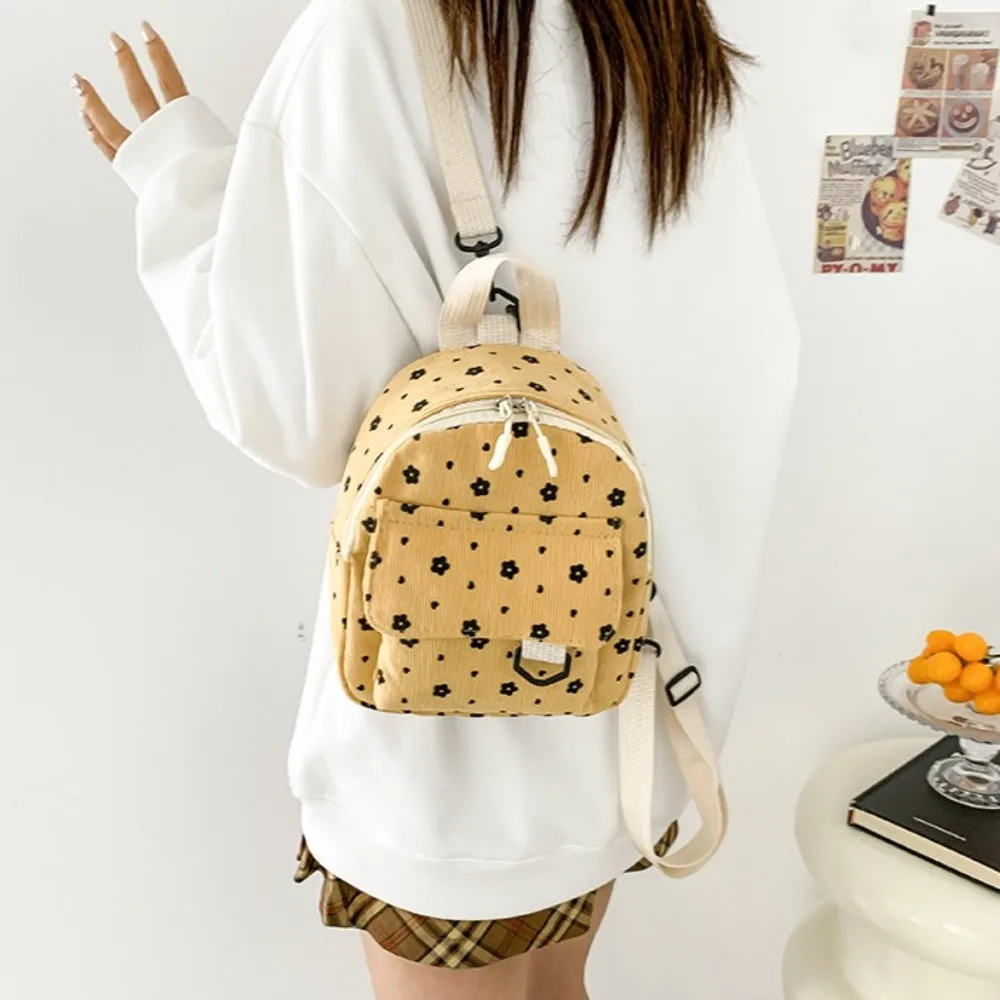 Cute Flower Print Small Backpacks Multiple Pocket Corduroy Women Shoulder Bag Mini Lightweight Mini Backpack Women