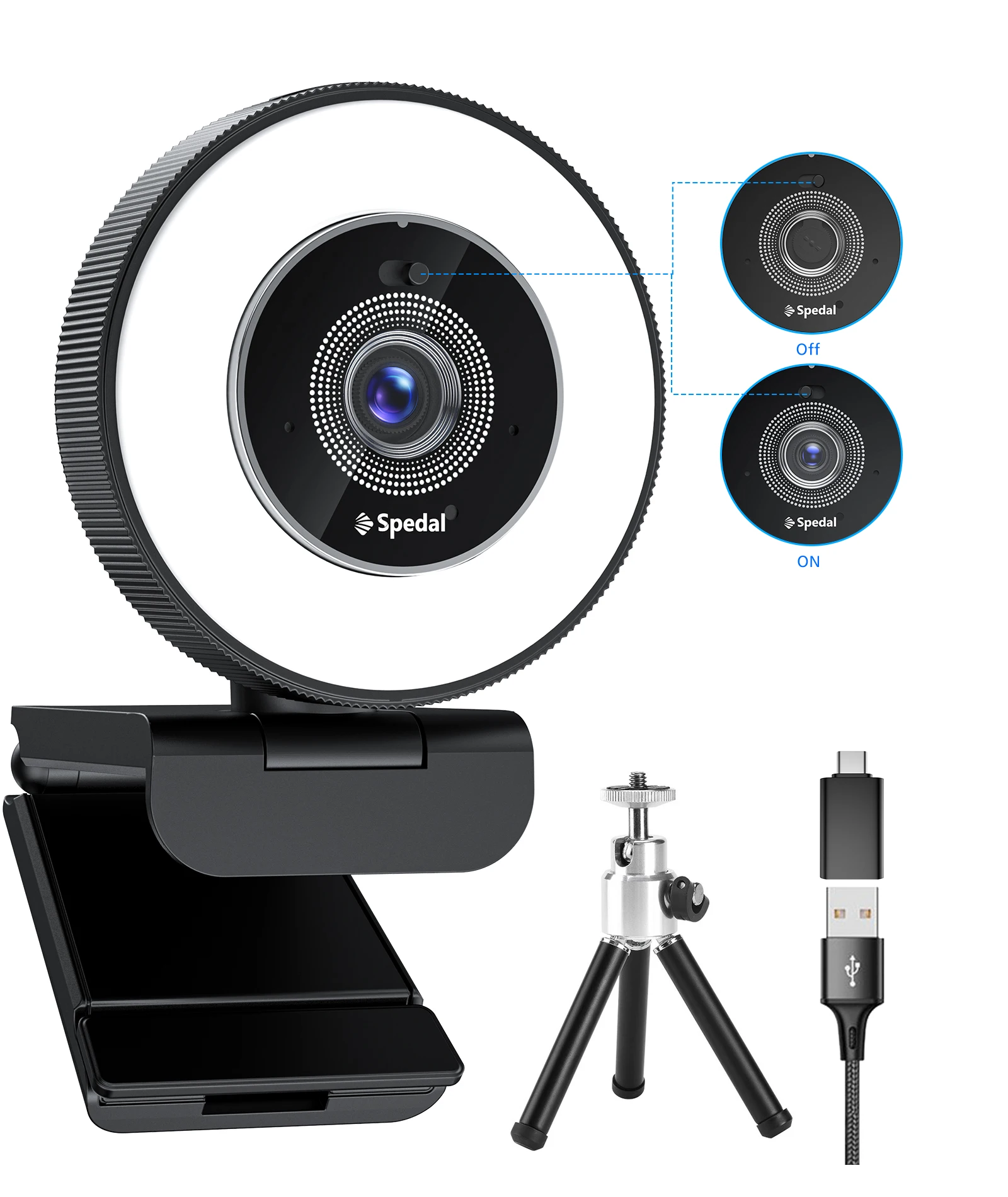 

Spedal AF966 HD Webcam 4k 30fps with Adjustable Ring Light and Microphone, Autofocus Webcam with Privacy Cover, Zoom Skyp