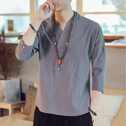 Chinese Style Men's Fashion V-neck Three-quarter Sleeve T-shirt Men's Harajuku Style Casual Loose Retro Japanese Kimono Shirt