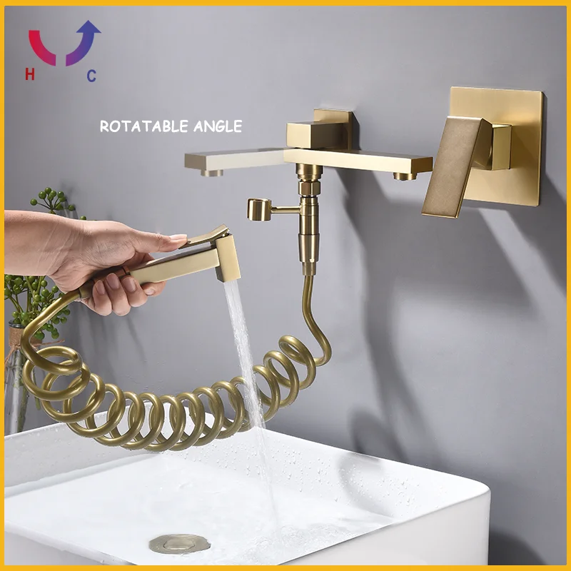 Brushed Gold Basin Faucet Bathroom Sink Faucet Wall Mounted Brass Single Handle Hot and Cold Tub Faucet with Handheld Sprayer