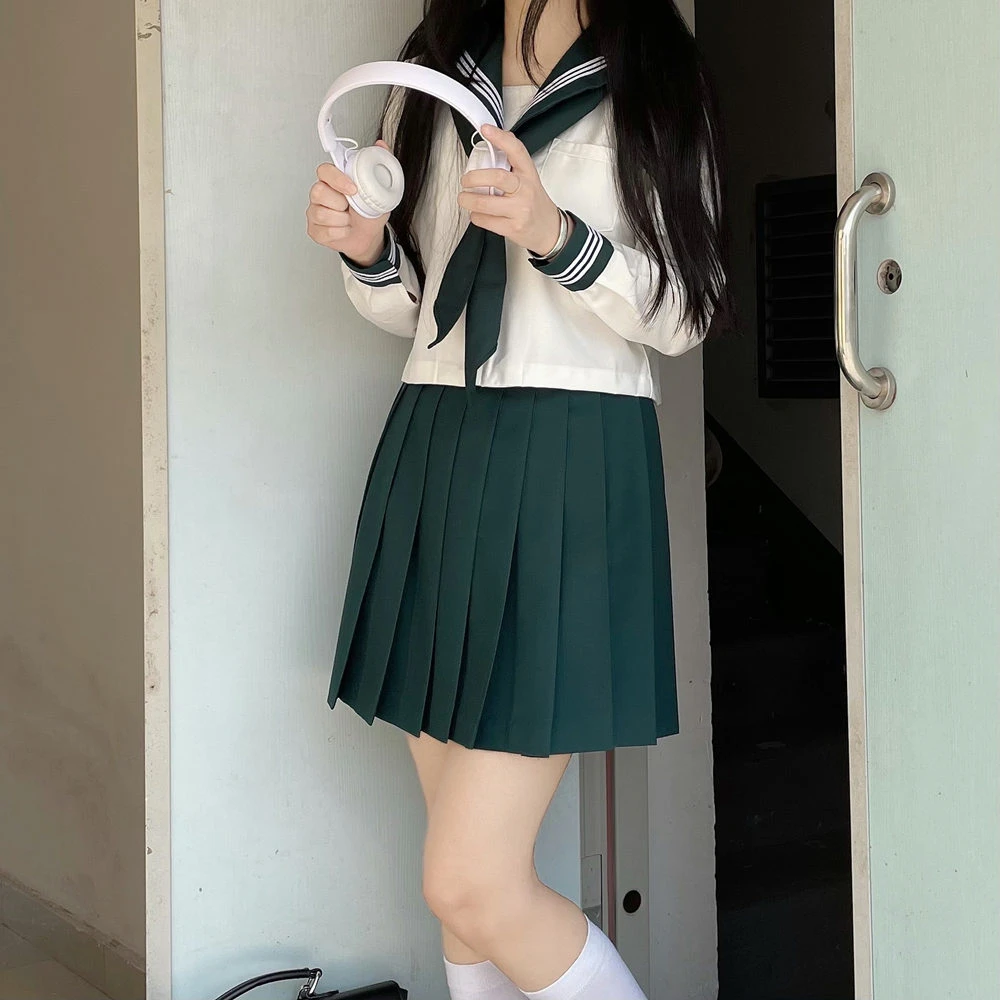 Grüner Rock, 80 cm, japanische Schulmädchen-Uniform, JK Sailor Cosplay-Kostüm, drei Linien, Marineblaues Matrosen-Outfit-Set für Frauen und Mädchen