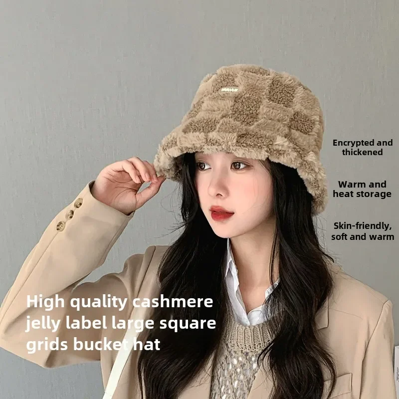 

Matching Color Chequered Lamb Wool Hat Fashion Knitted Wool Women's Hat Warm Plushed Thicken Fisherman's Hat Satin Hair Cap